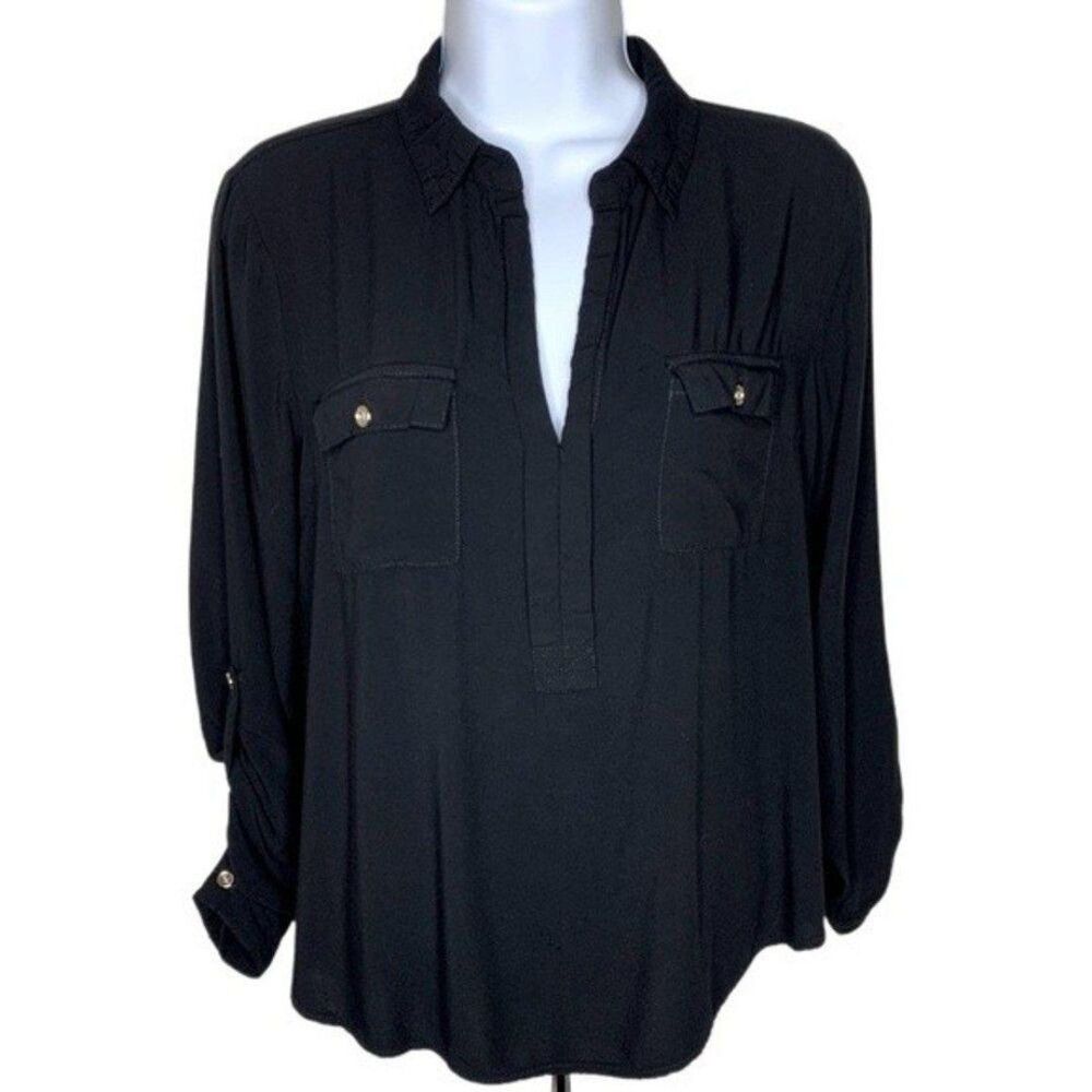Guess womens blouse long sleeve solid black size S